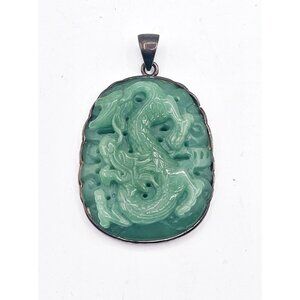 Vintage Chapal-Zenray 925 NF Carved Green Jadeite Dragon Pendant Sterling Large